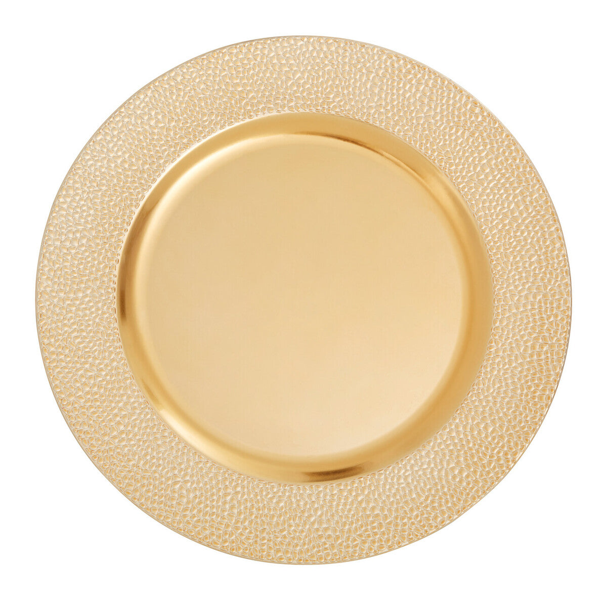 Gold charger plate laid beneath a dinner plate in a place setting