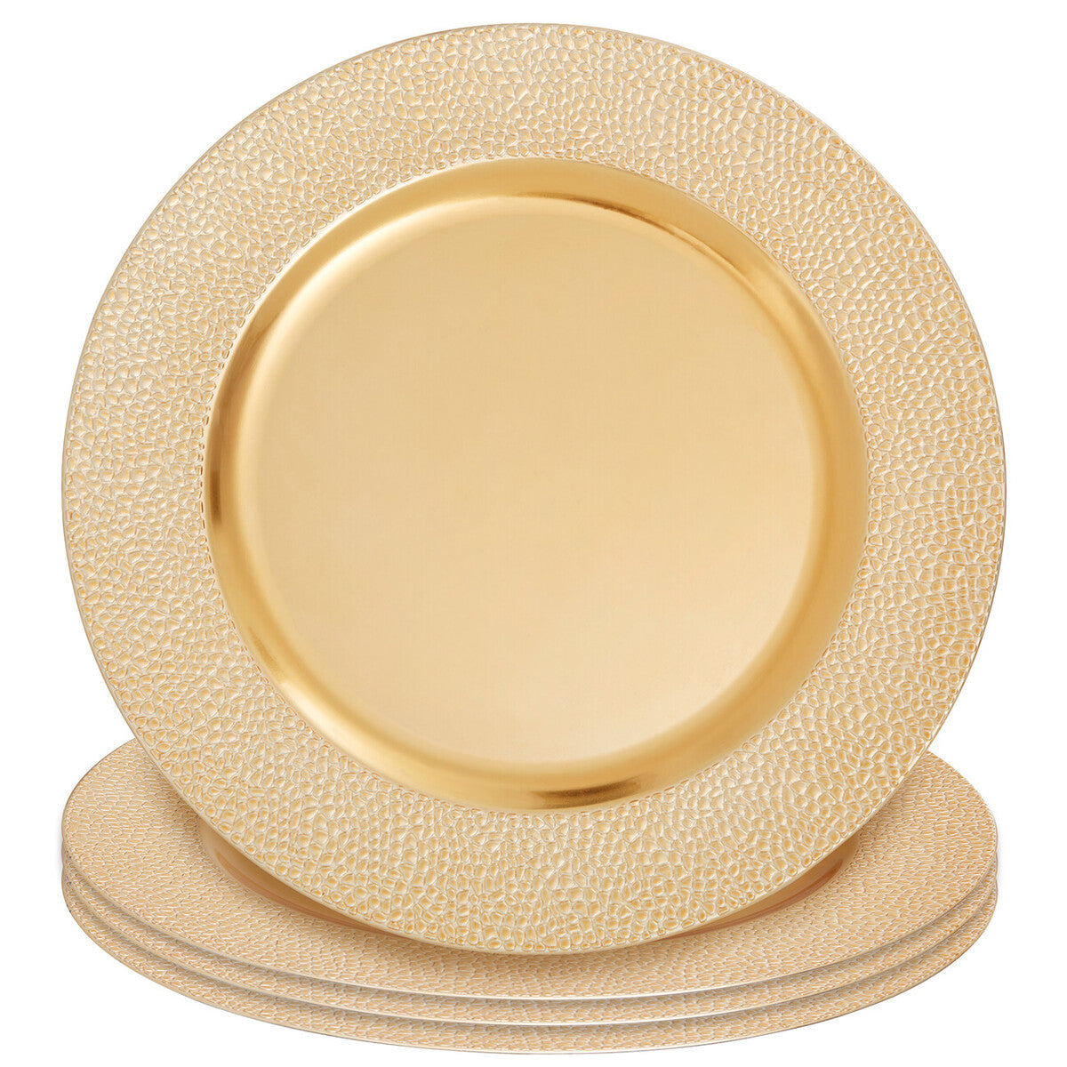 Close-up detail of the pebble-effect texture on the gold charger plate