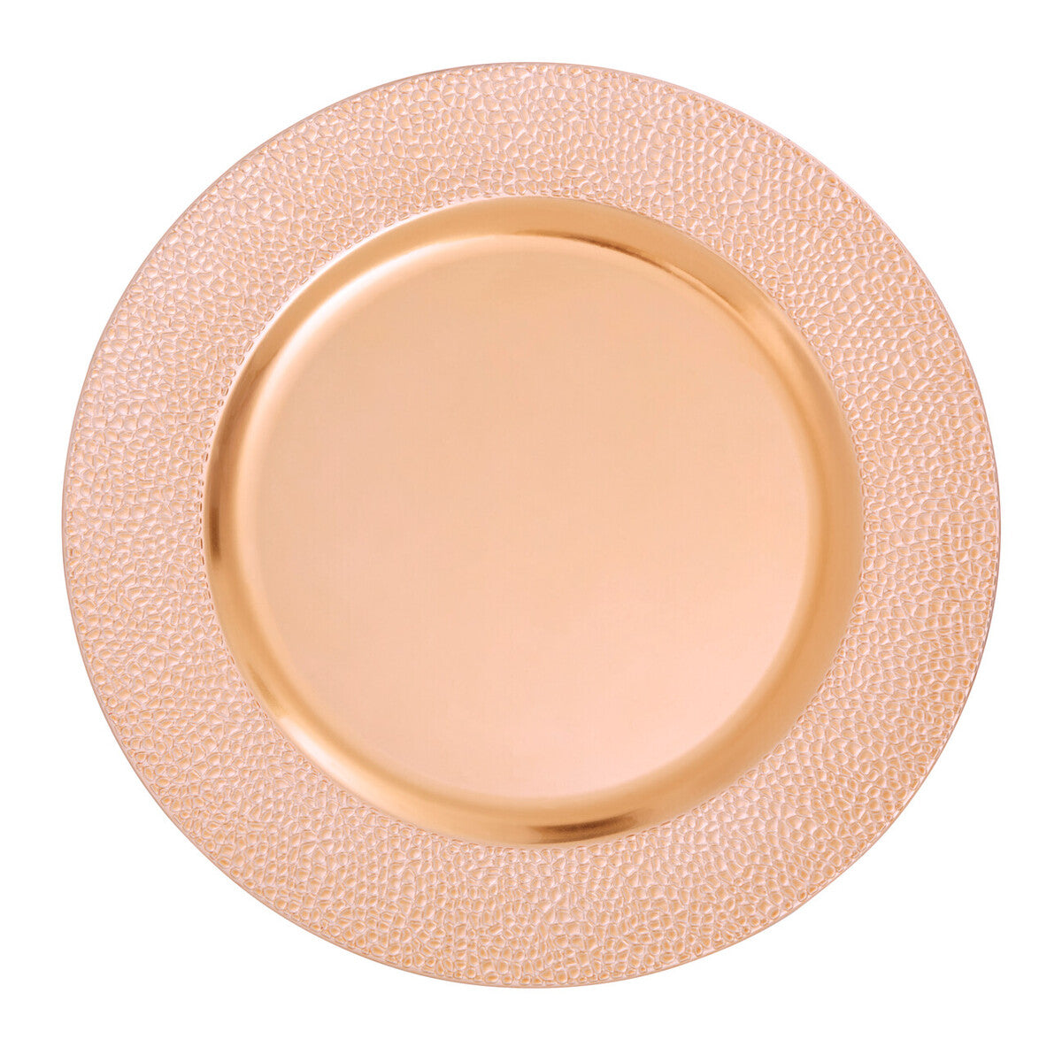 Rose gold charger plate laid beneath a dinner plate in a place setting