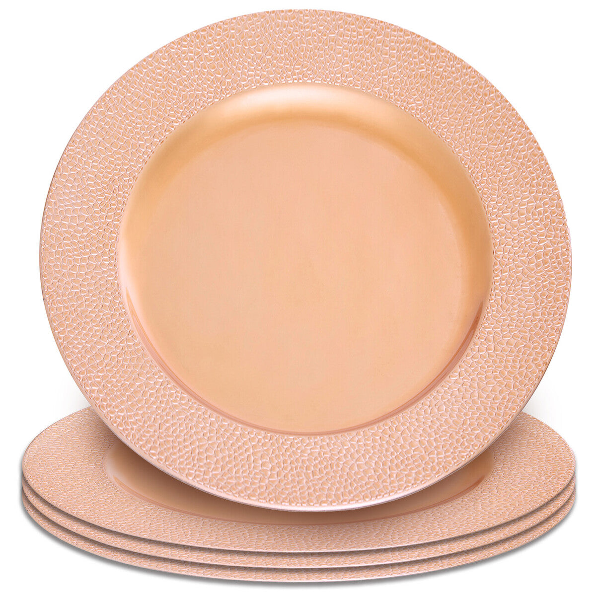 Close-up detail of the pebble-effect texture on the rose gold charger plate