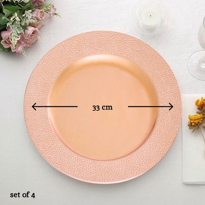 Rose gold charger plates arranged together showing the matching set