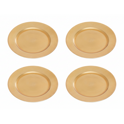 Set of four gold dotted charger plates, 33cm