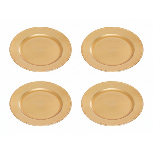Set of four gold dotted charger plates, 33cm
