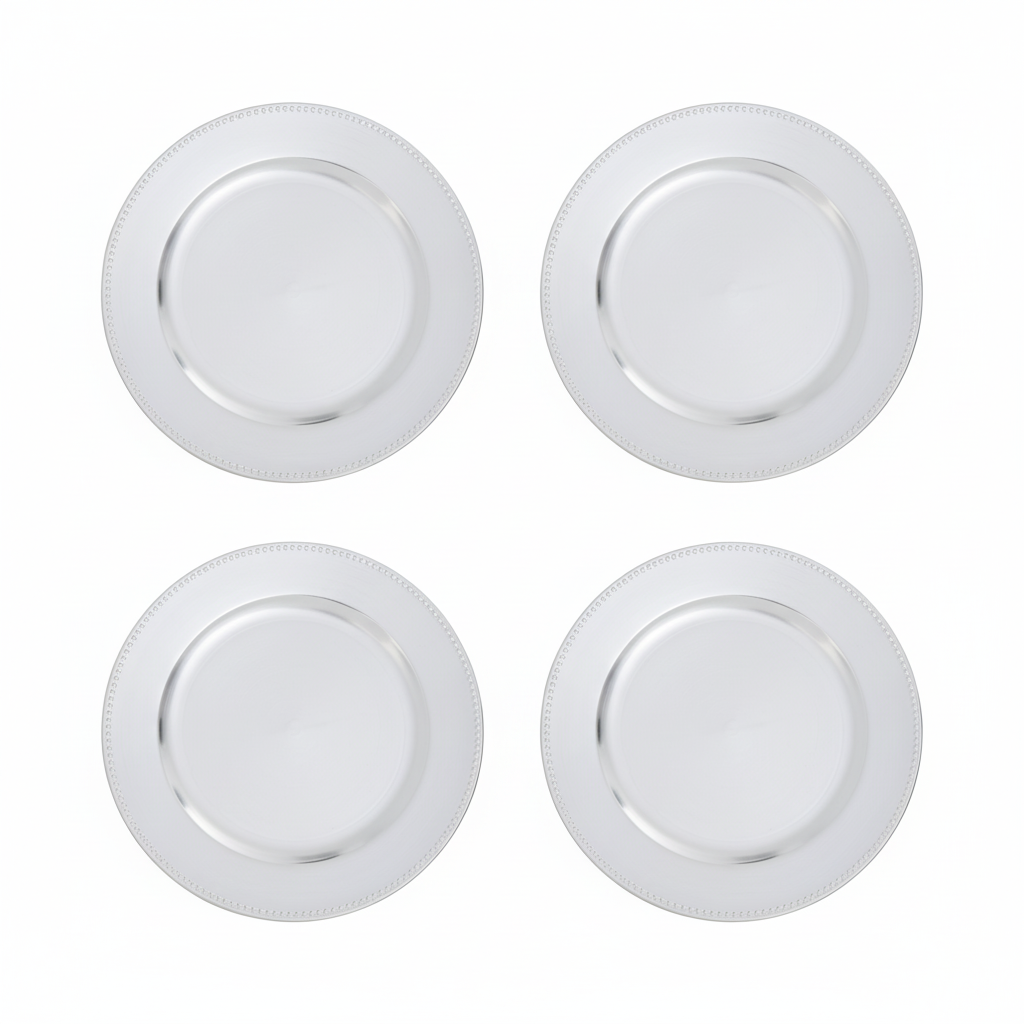 Set of four silver dotted charger plates, 33cm