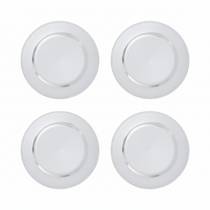 Set of four silver dotted charger plates, 33cm