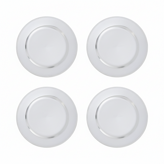 Set of four silver dotted charger plates, 33cm