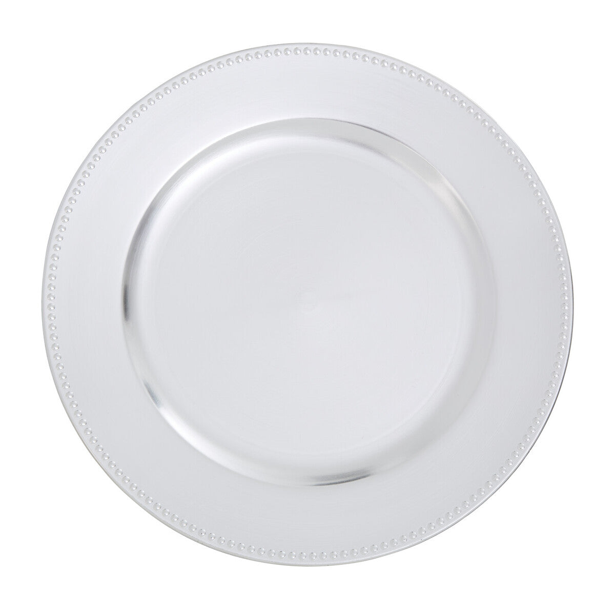 Silver charger plate laid beneath a dinner plate in a place setting