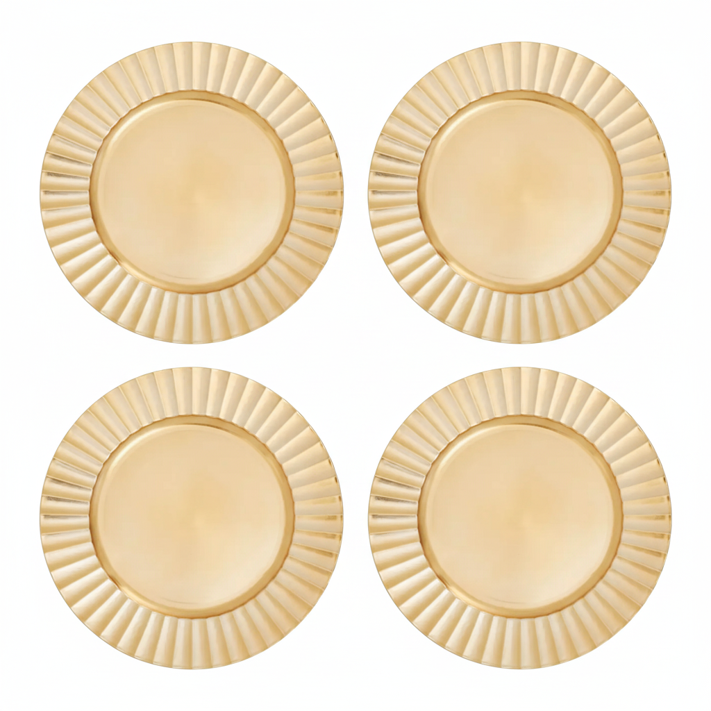 Set of four gold wave rim charger plates, 33cm