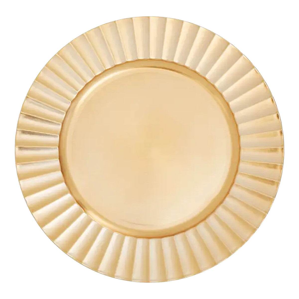 Gold charger plate laid beneath a dinner plate in a place setting