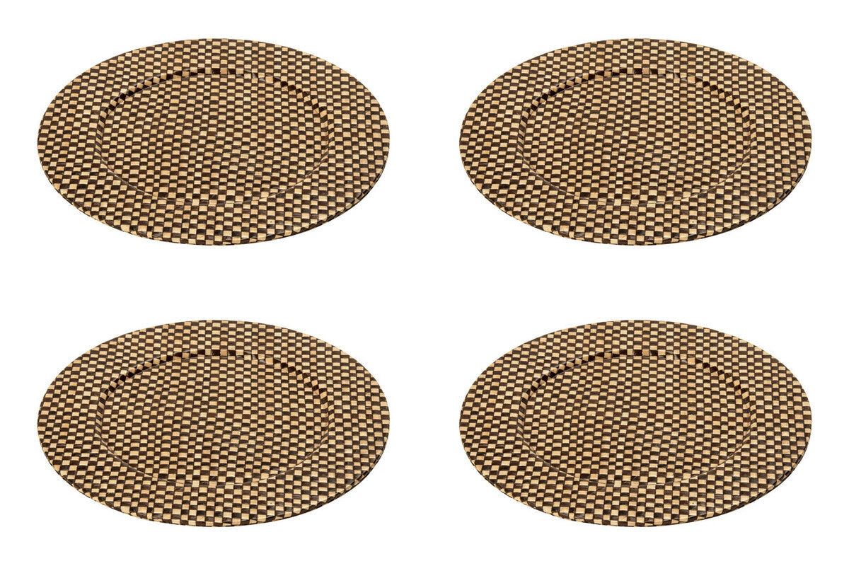 Set of four black and natural woven pandanus charger plates, 33cm