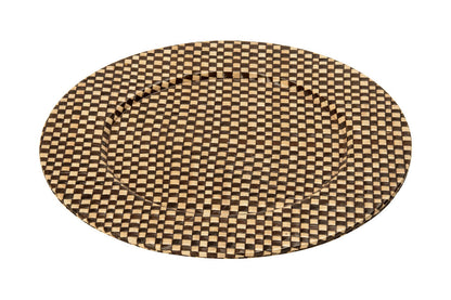 Black and natural charger plate laid beneath a dinner plate