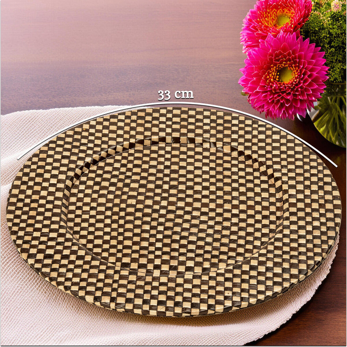 Black and natural charger plates arranged together showing the matching set