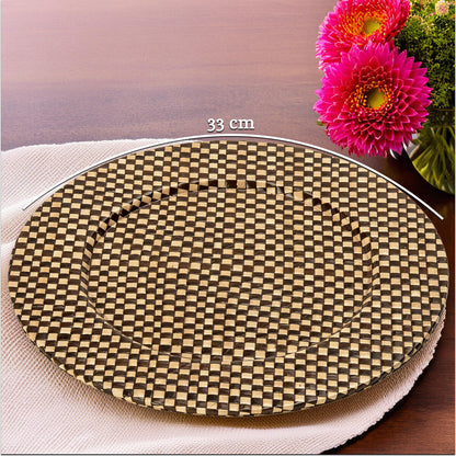 Black and natural charger plates arranged together showing the matching set