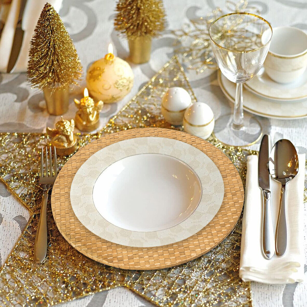 Natural charger plates stacked showing the woven texture