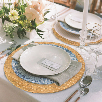 Natural woven charger plate shown from above