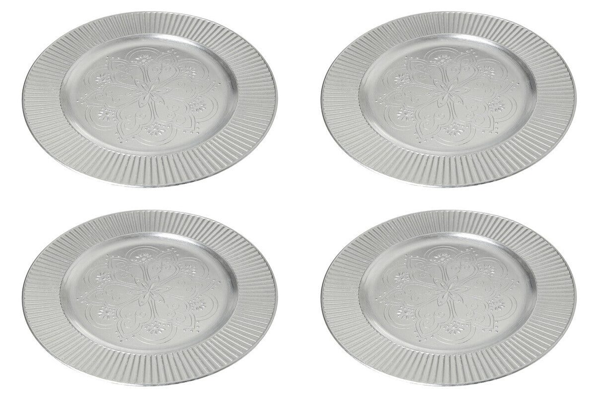 Set of four Redbud silver charger plates with embossed floral detail, 33cm