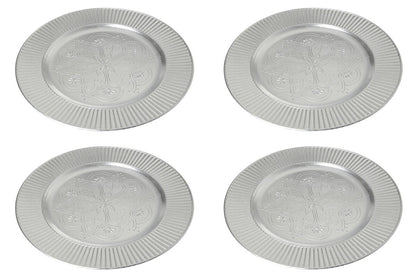 Set of four Redbud silver charger plates with embossed floral detail, 33cm
