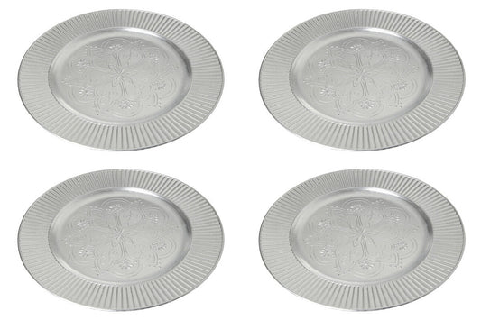 Set of four Redbud silver charger plates with embossed floral detail, 33cm