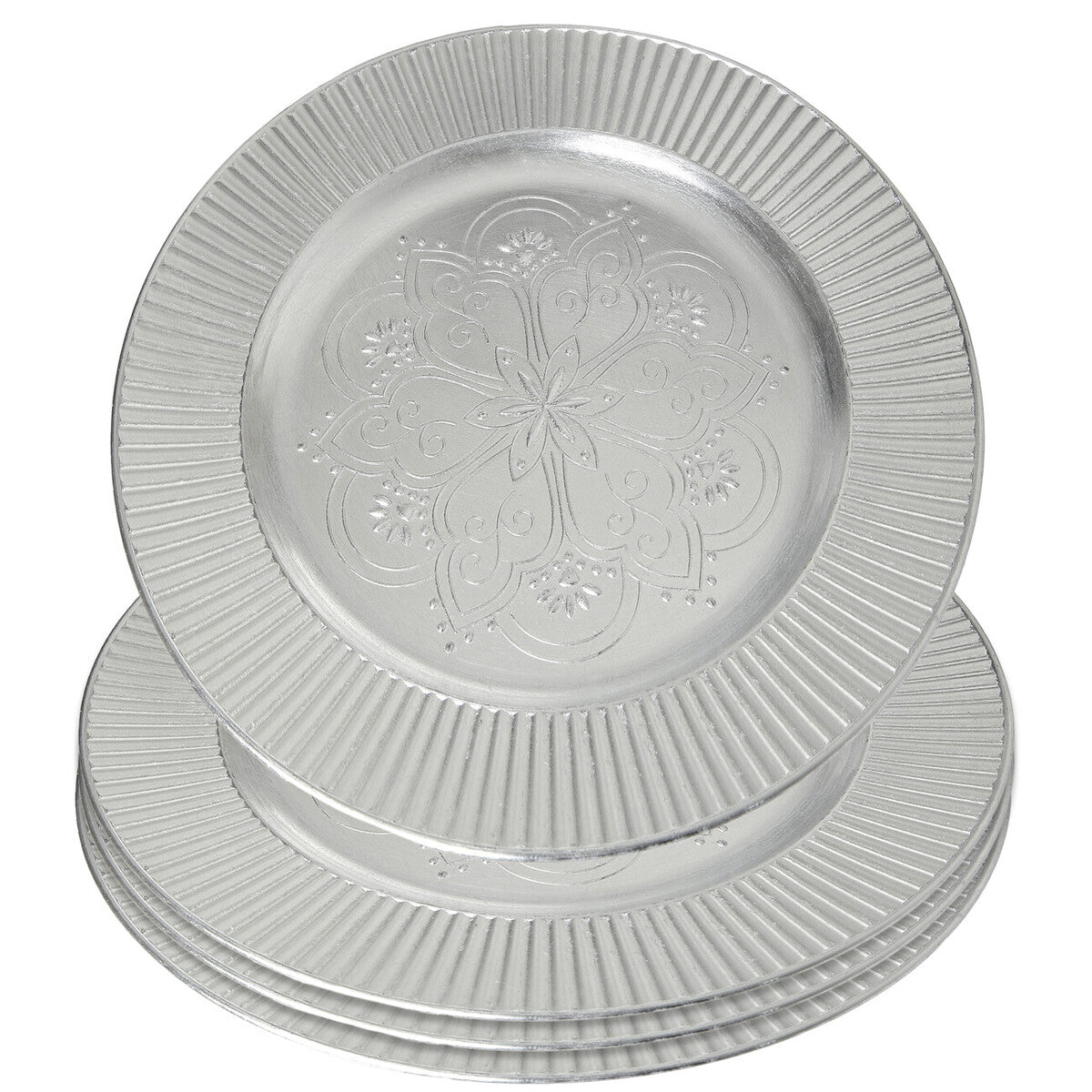 Close-up detail of the embossed redbud floral pattern on the silver charger plate