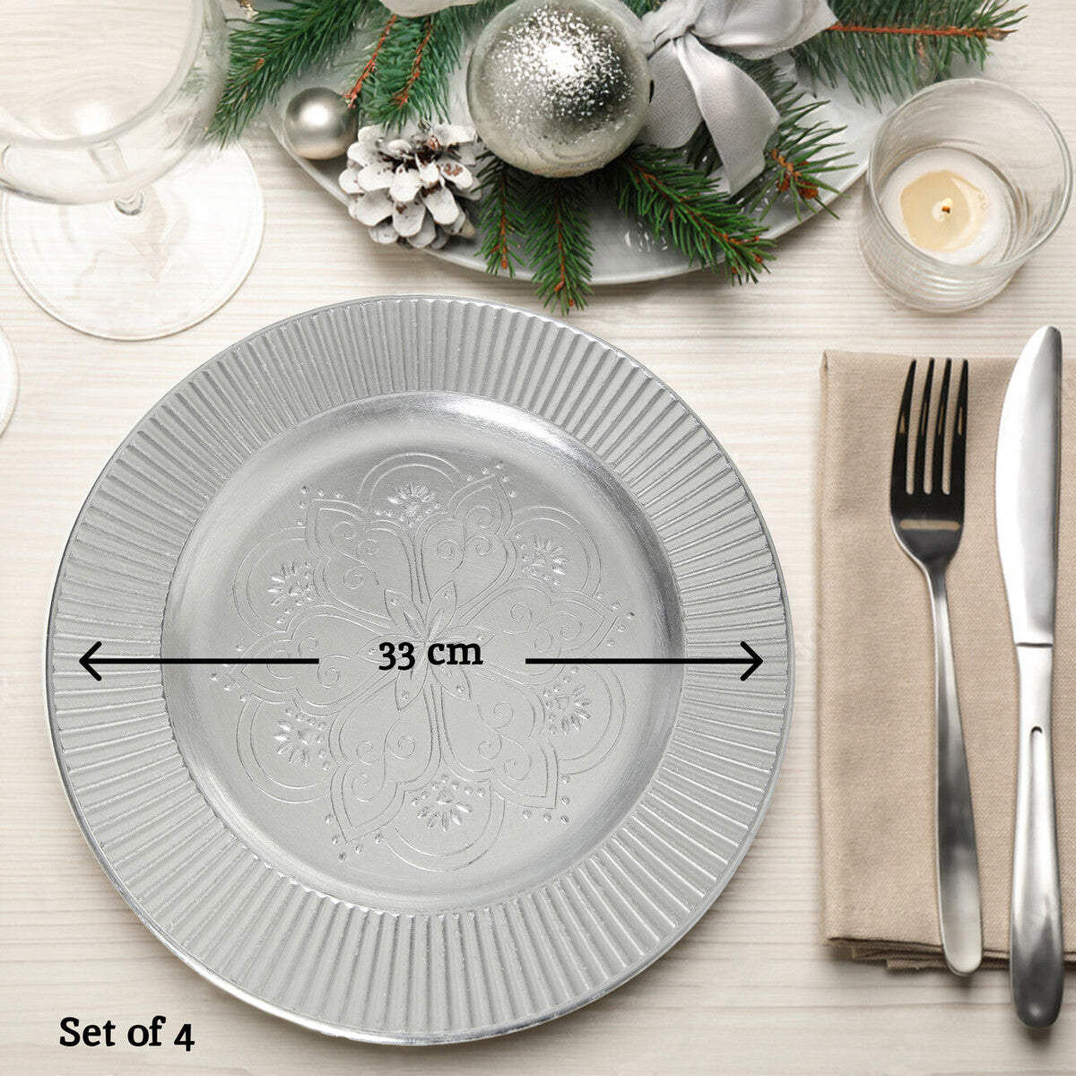 Silver Redbud charger plates arranged together showing the matching set