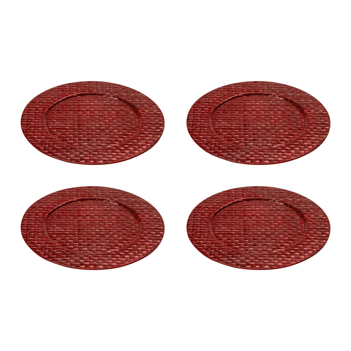 Set of four red woven pandanus charger plates, 33cm