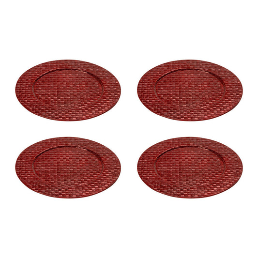 Set of four red woven pandanus charger plates, 33cm