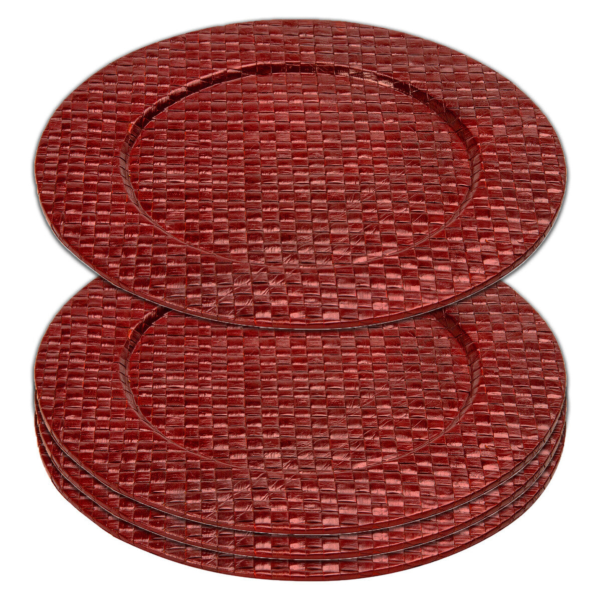 Close-up detail of the woven fibre pattern on the red charger plate