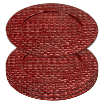 Close-up detail of the woven fibre pattern on the red charger plate