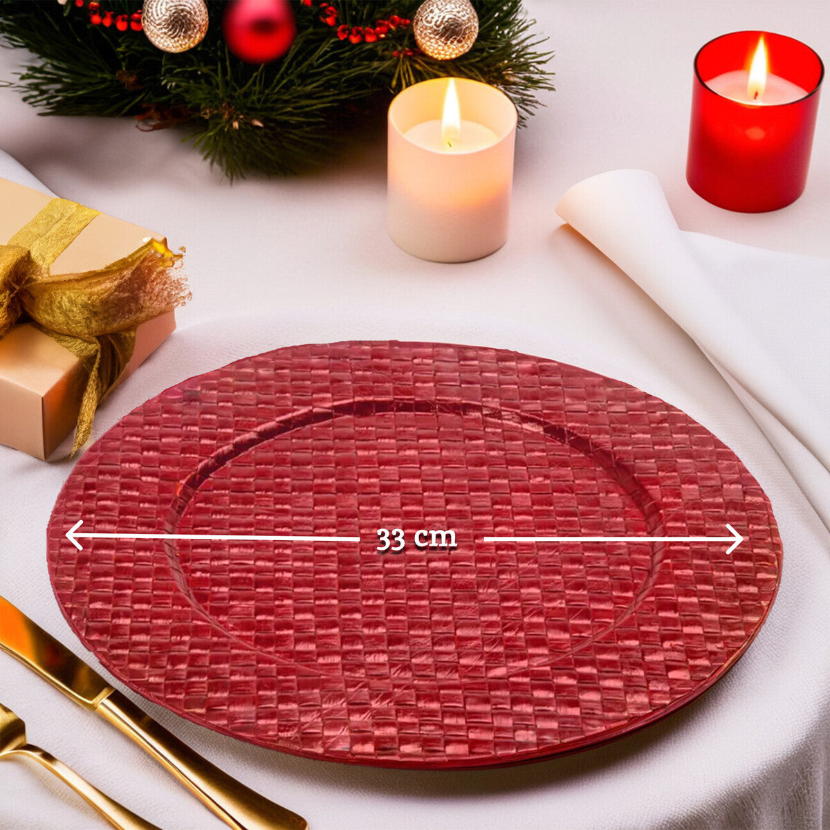 Red charger plates arranged together showing the matching set