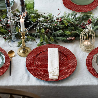 Red woven charger plate shown from above