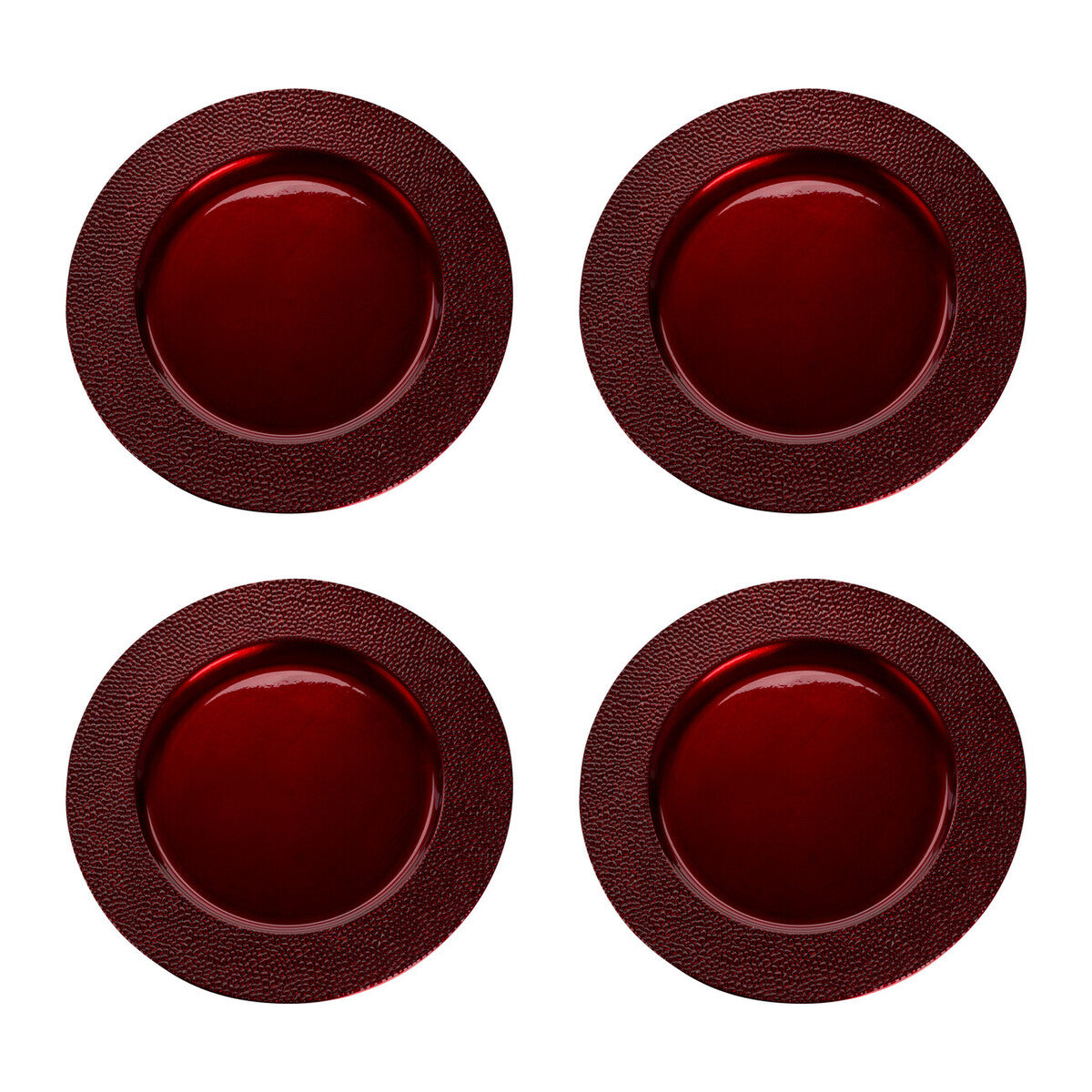 Set of four red pebble-effect charger plates, 33cm