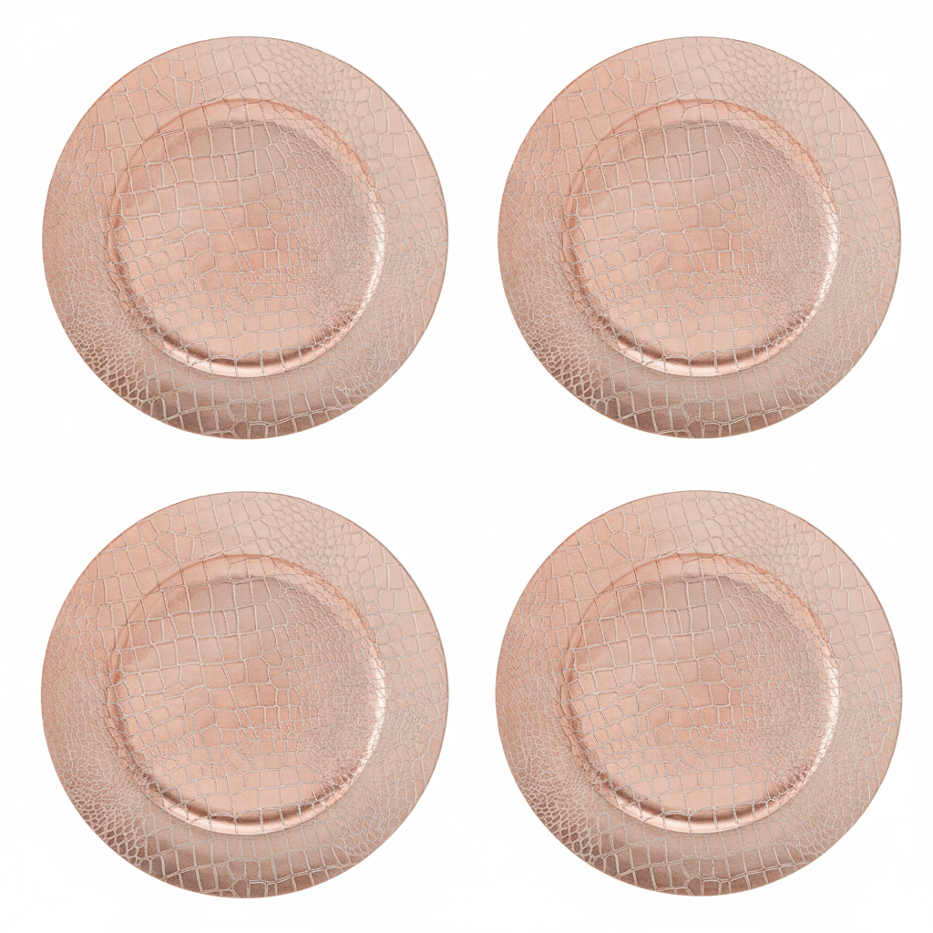 Set of four rose gold crocodile-effect charger plates, 33cm