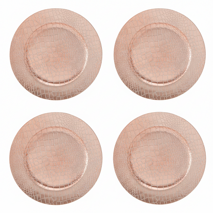 Set of four rose gold crocodile-effect charger plates, 33cm