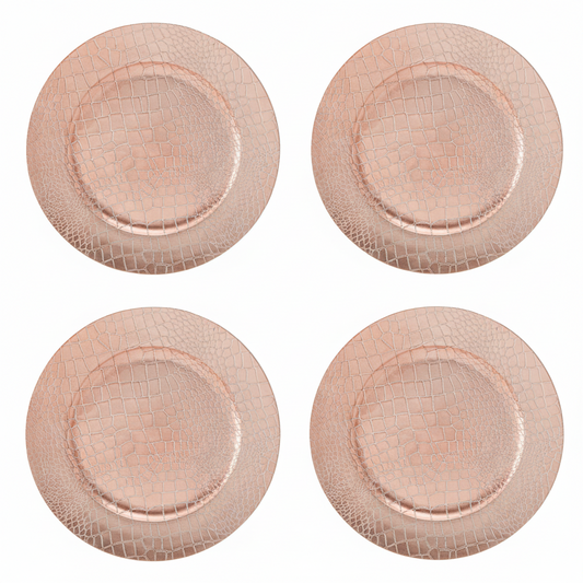 Set of four rose gold crocodile-effect charger plates, 33cm