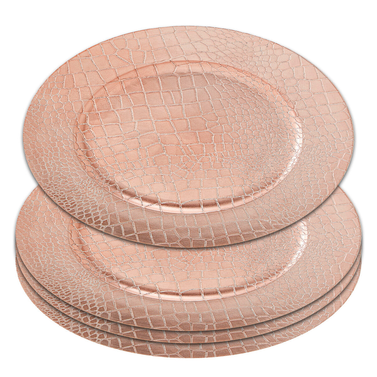 Close-up detail of the faux-crocodile texture on the rose gold charger plate