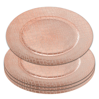 Close-up detail of the faux-crocodile texture on the rose gold charger plate