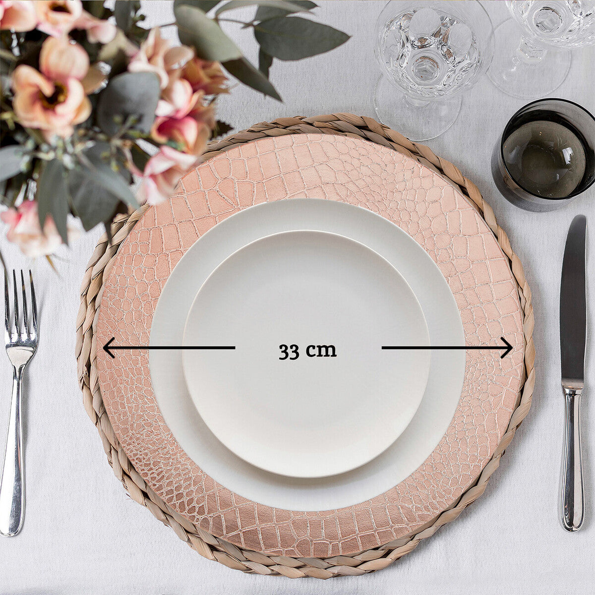 Rose gold charger plates arranged together showing the matching set