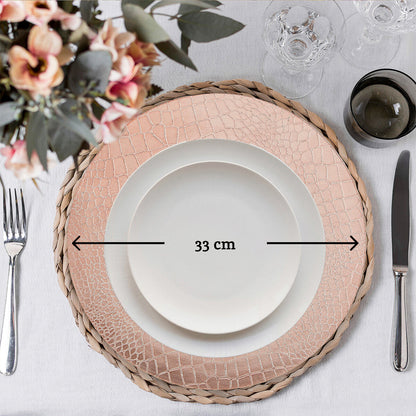 Rose gold charger plates arranged together showing the matching set