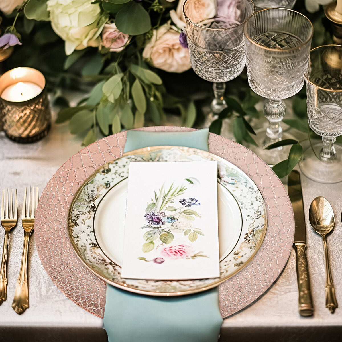 Rose gold charger plates stacked showing the crocodile-effect texture