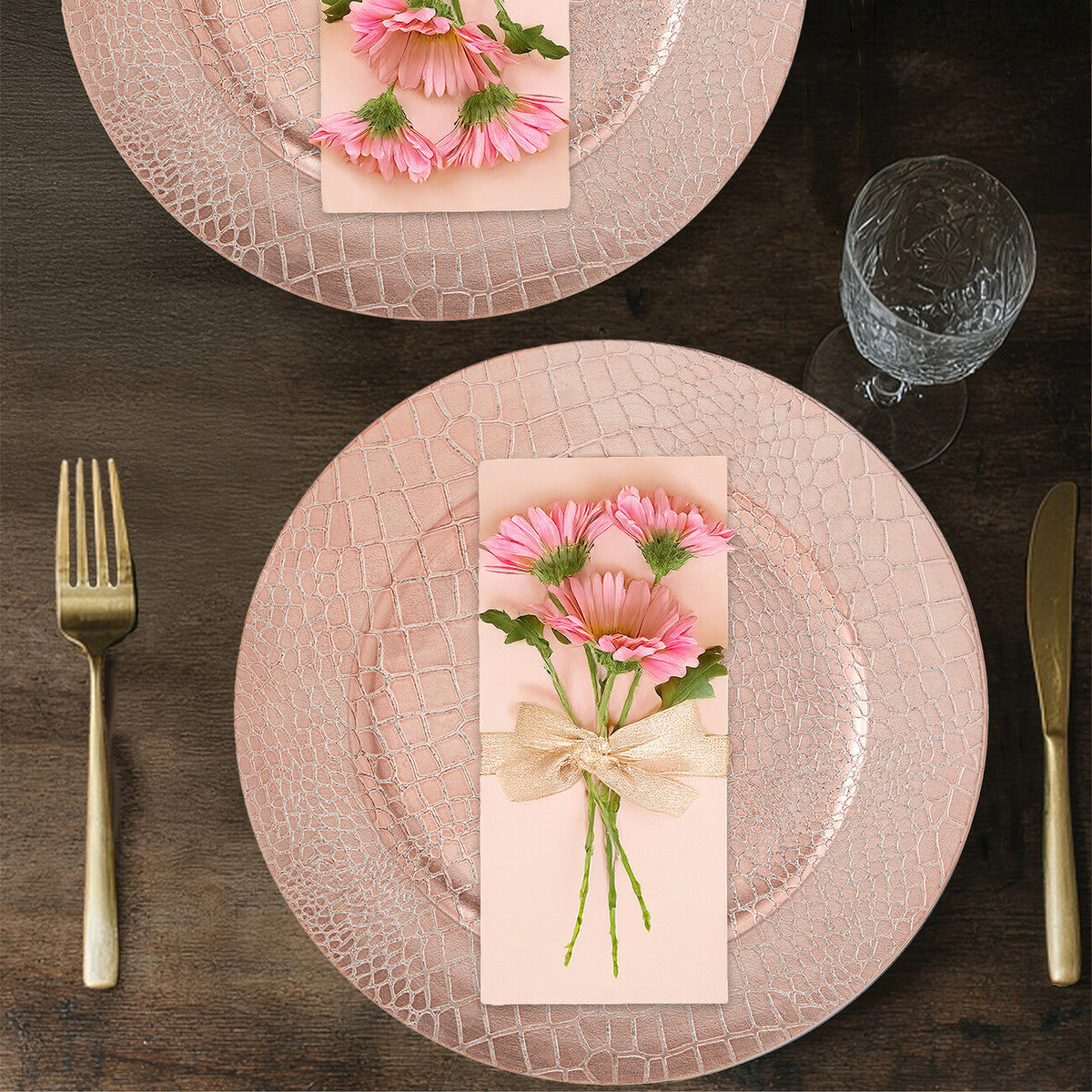 Rose gold crocodile effect charger plate shown from above