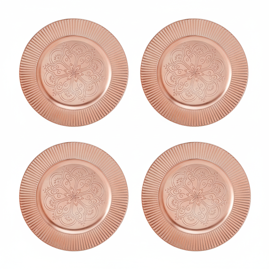 Set of four rose gold arabesque charger plates, 33cm