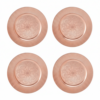 Set of four rose gold arabesque charger plates, 33cm