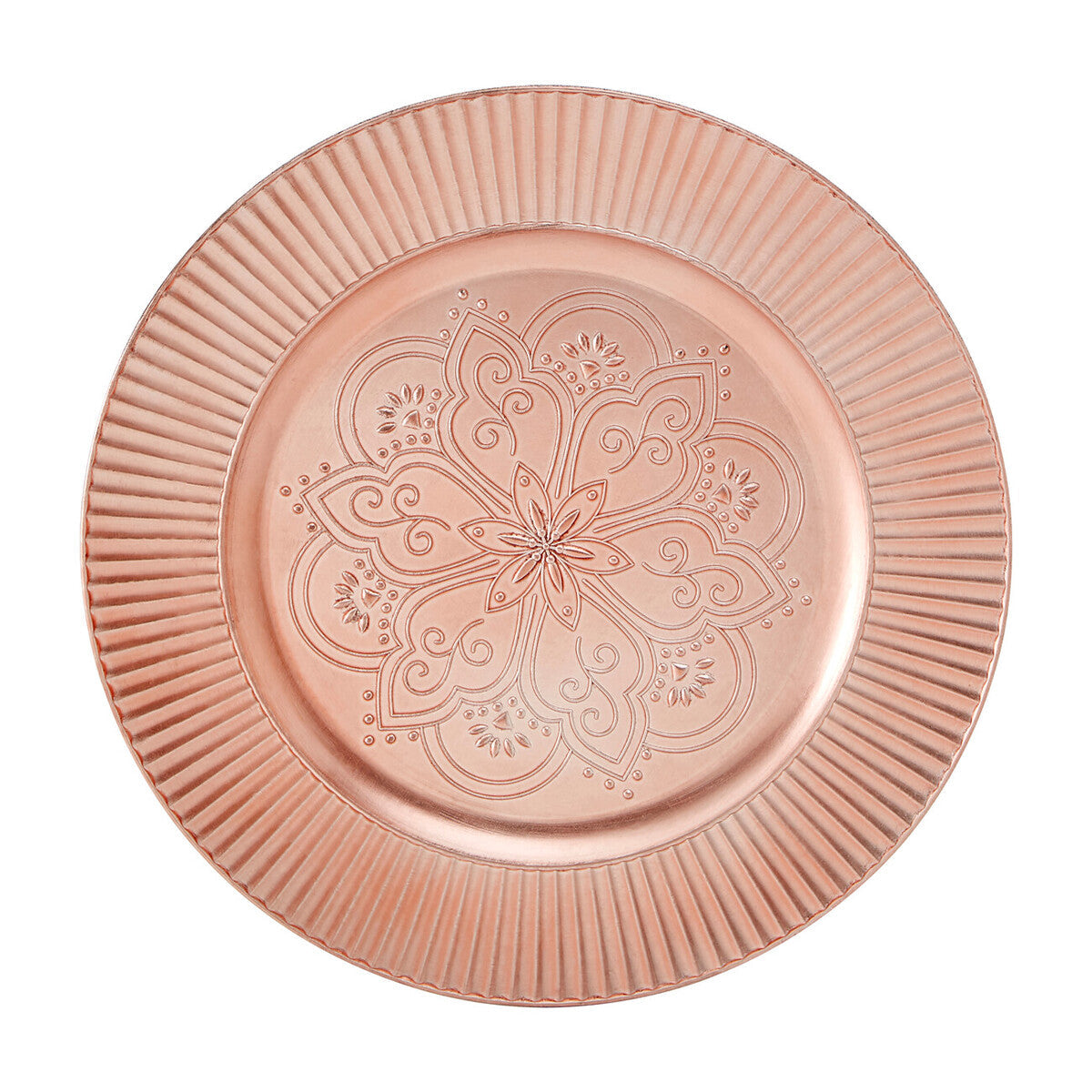 Rose gold charger plate laid beneath a dinner plate in a place setting