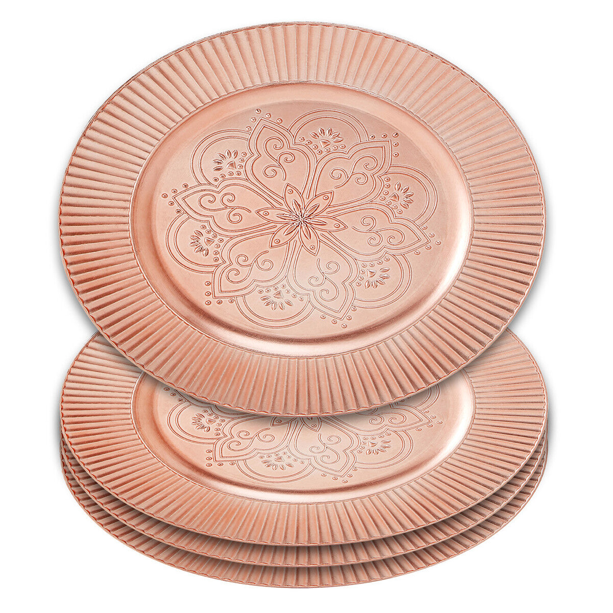 Close-up detail of the arabesque pattern on the rose gold charger plate