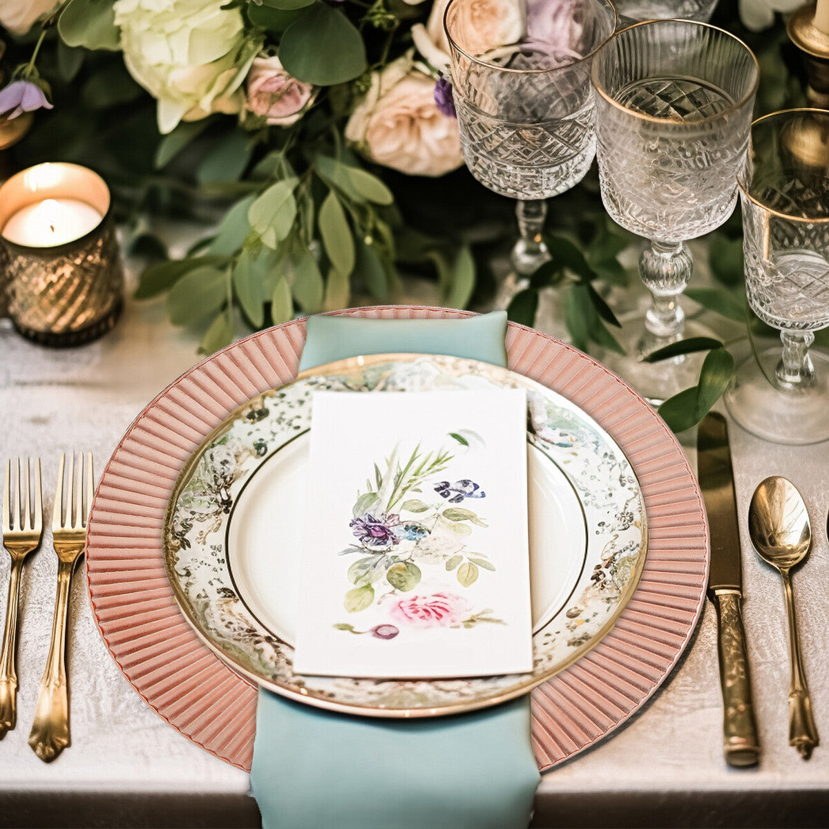 Rose gold charger plates stacked showing the arabesque pattern