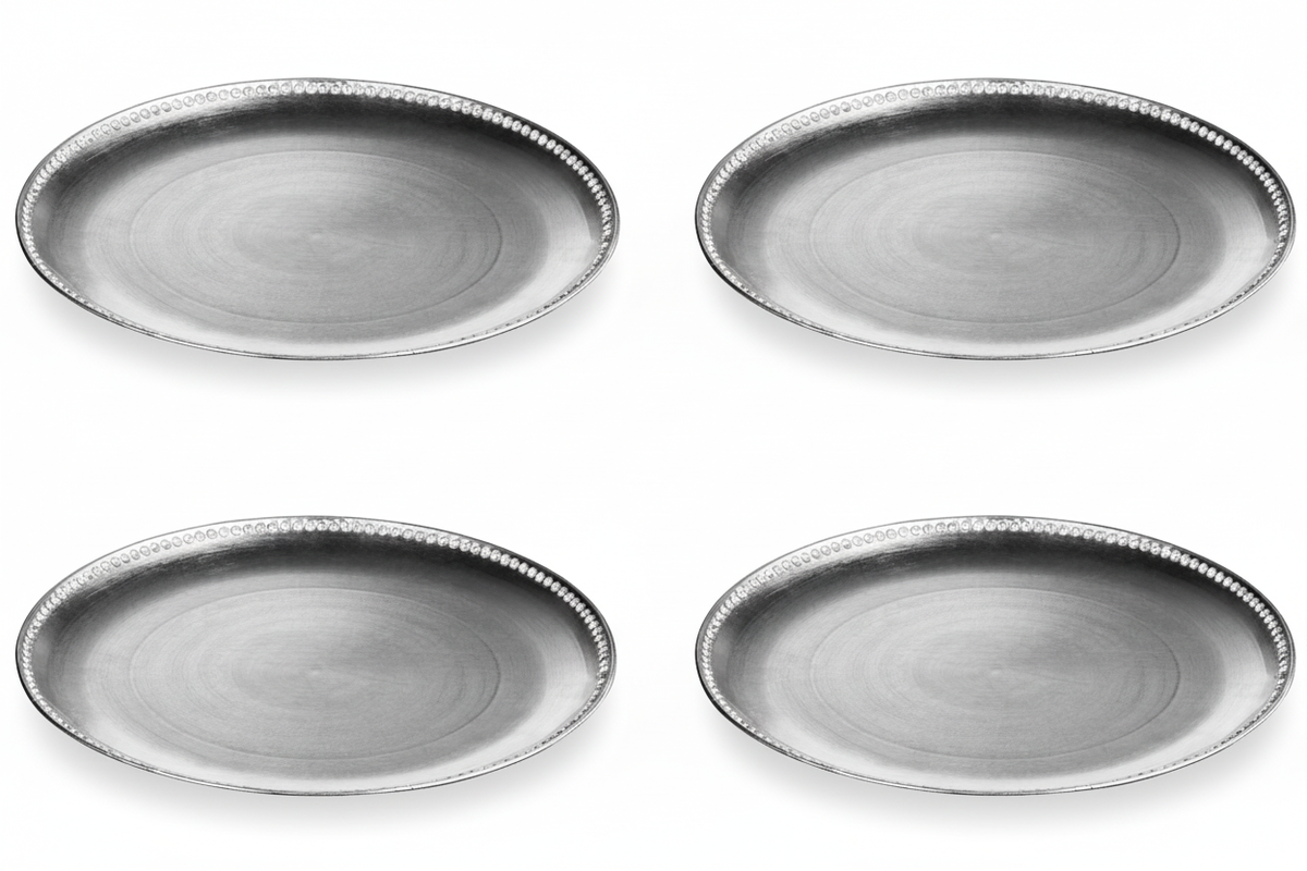 Set of four silver diamante decorative charger plates, 33cm