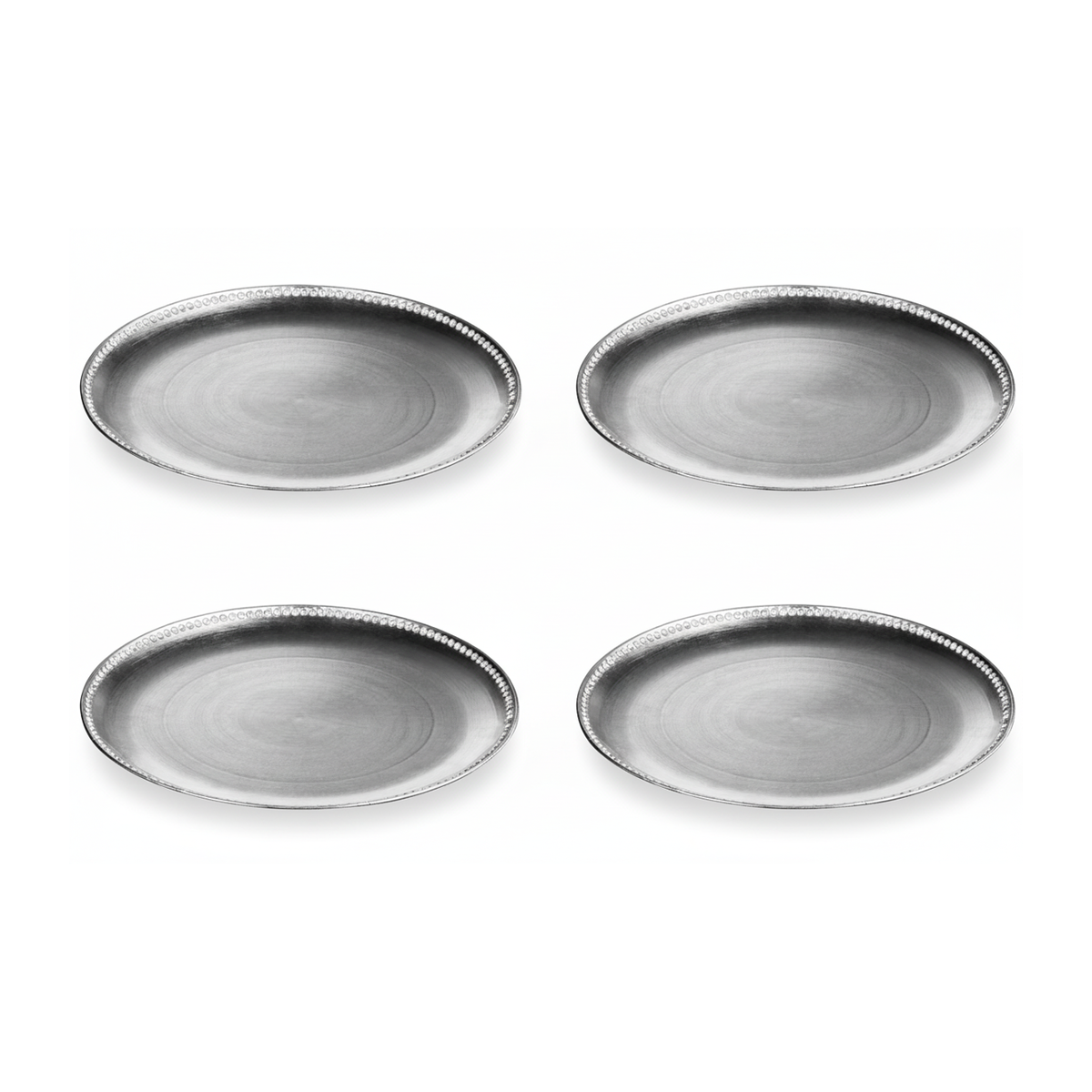 Set of four flat style silver charger plates, 33cm