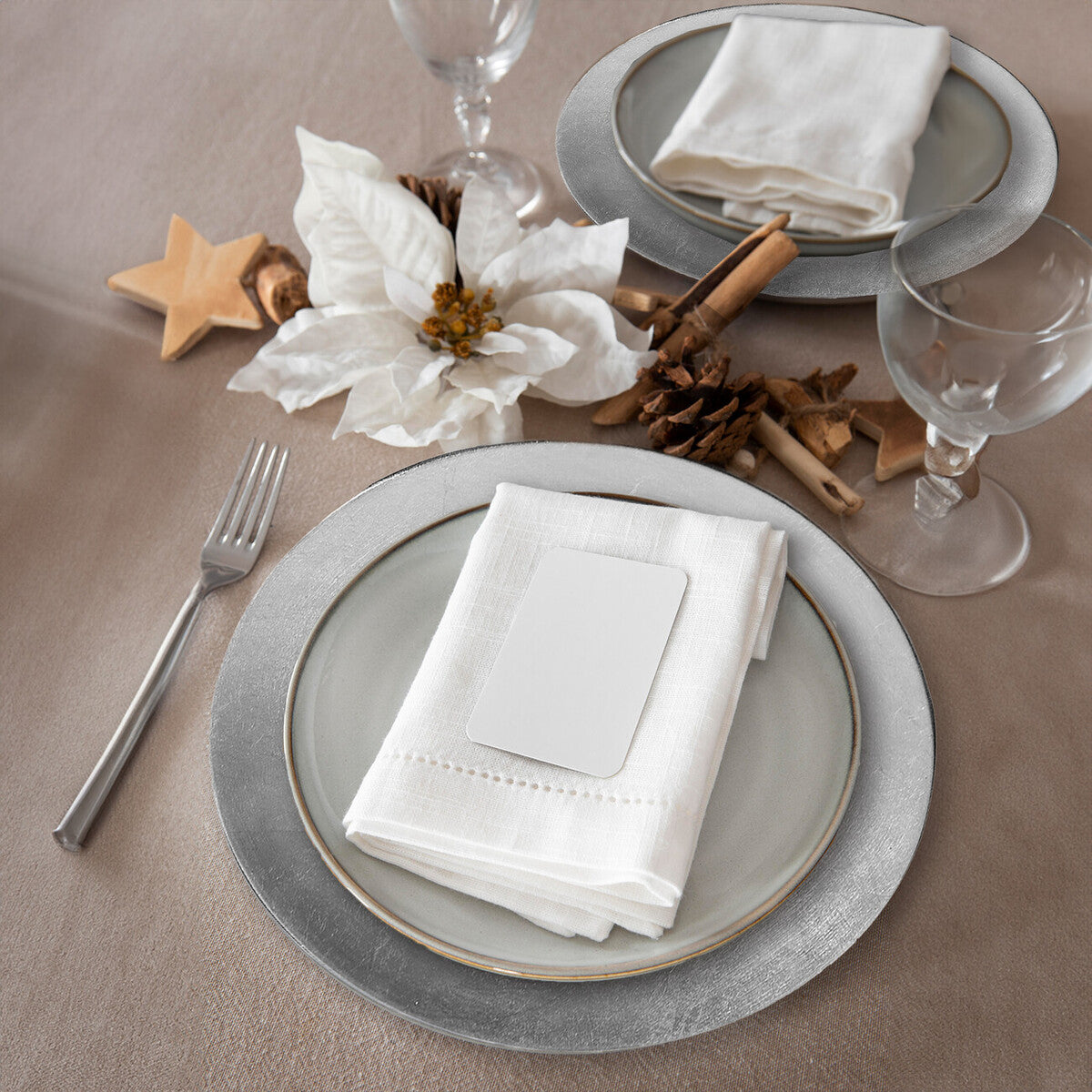 Silver flat style charger plate shown from above