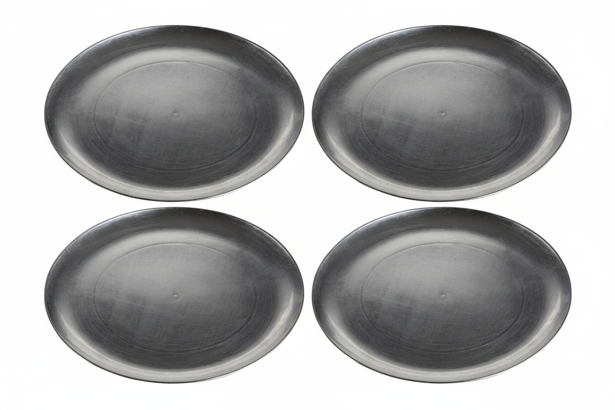 Set of four silver coupe charger plates, 33cm