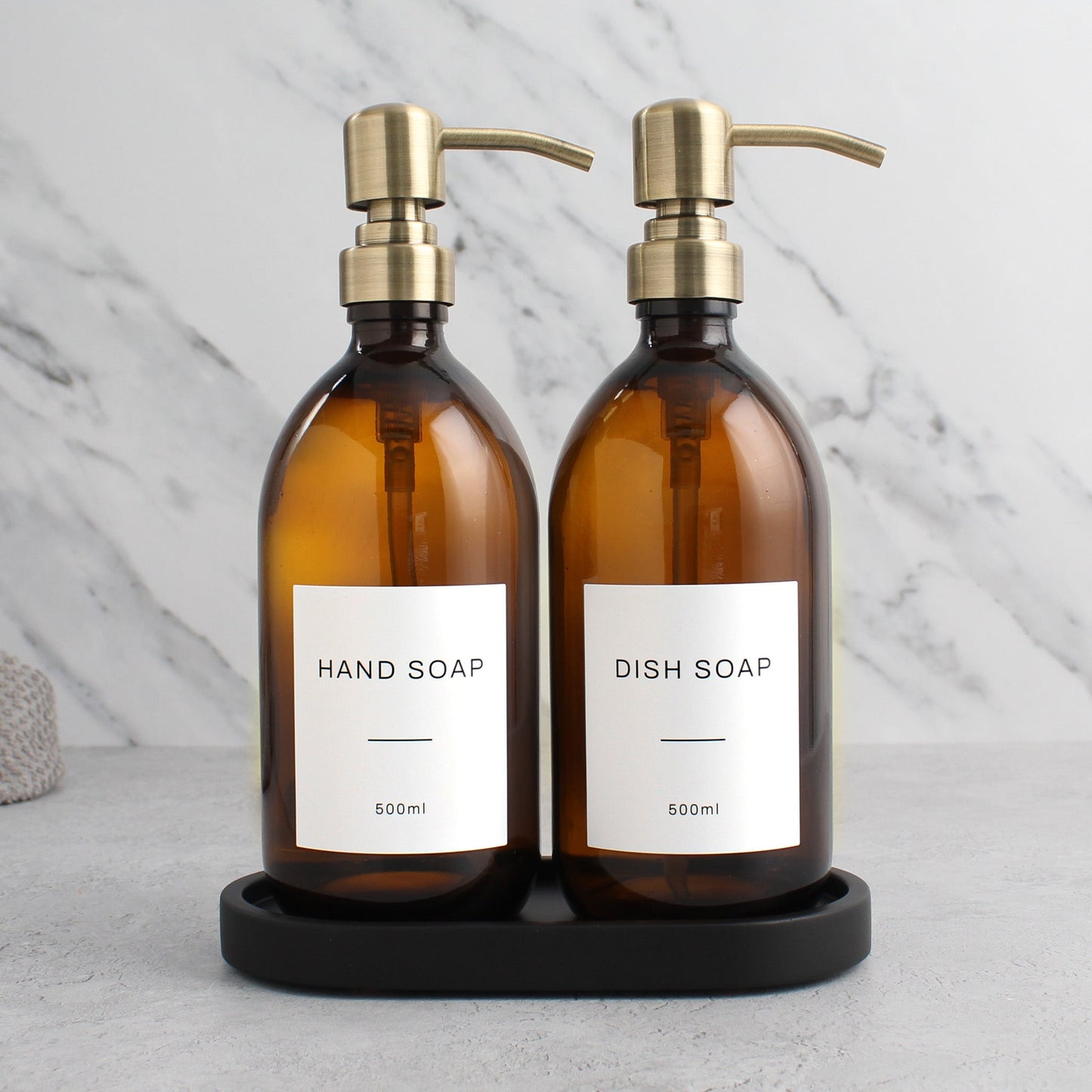Namie Amber Glass Soap Dispenser Double Set with Black Concrete Tray